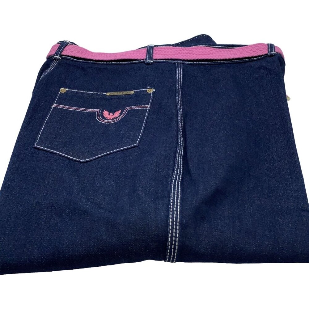 Vintage JTF Women’s Dark Jeans Pink Belt Embroidery Logo High Waisted Size 38